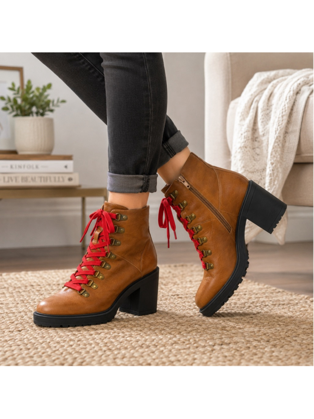Women's Steve Madden Brown Heeled Boots Red Laces Size 7.5